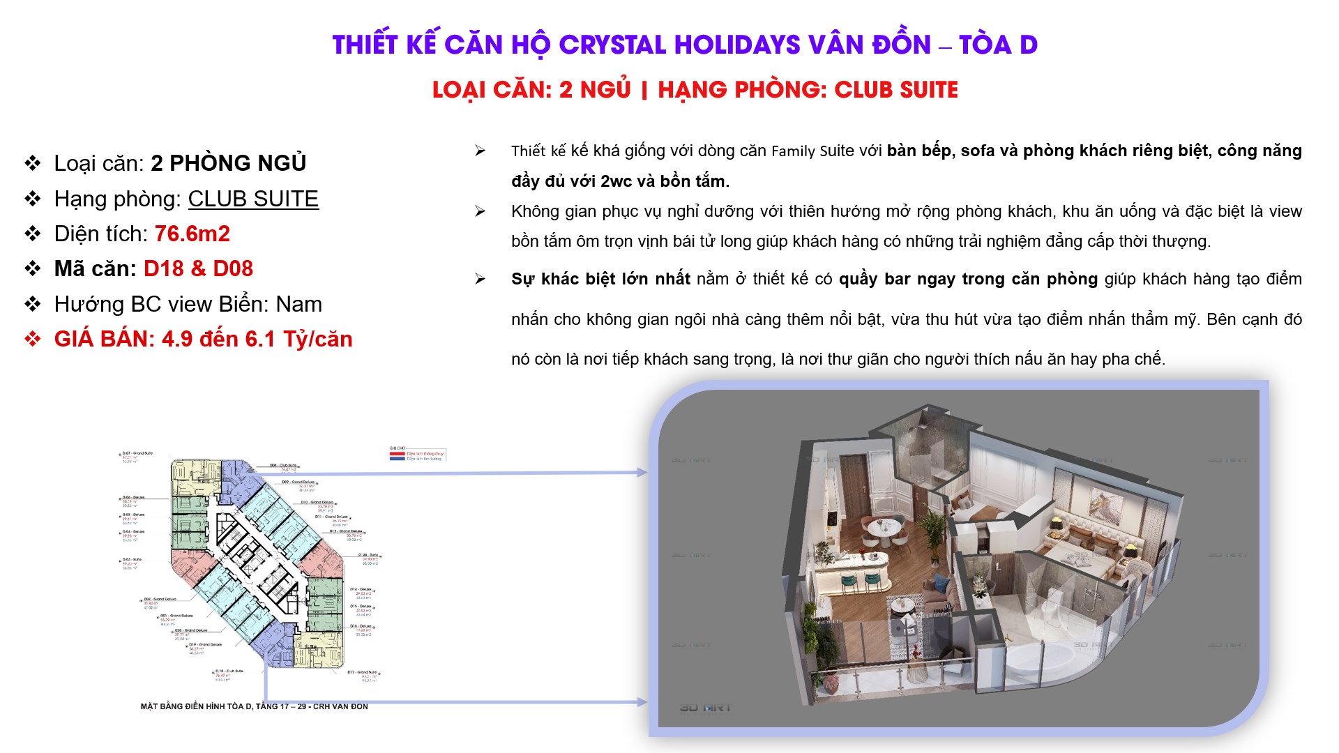 Thiết kế căn hộ Toà D Crystal Vân Đồn loại căn 2 NGỦ . Hạng căn: Club Suite