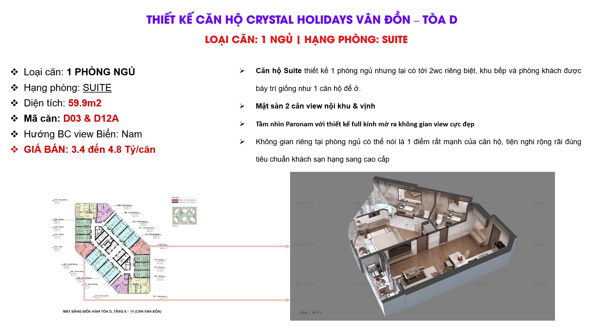 Thiết kế căn hộ Toà D Crystal Vân Đồn loại căn 1 NGỦ . Hạng căn: Suite