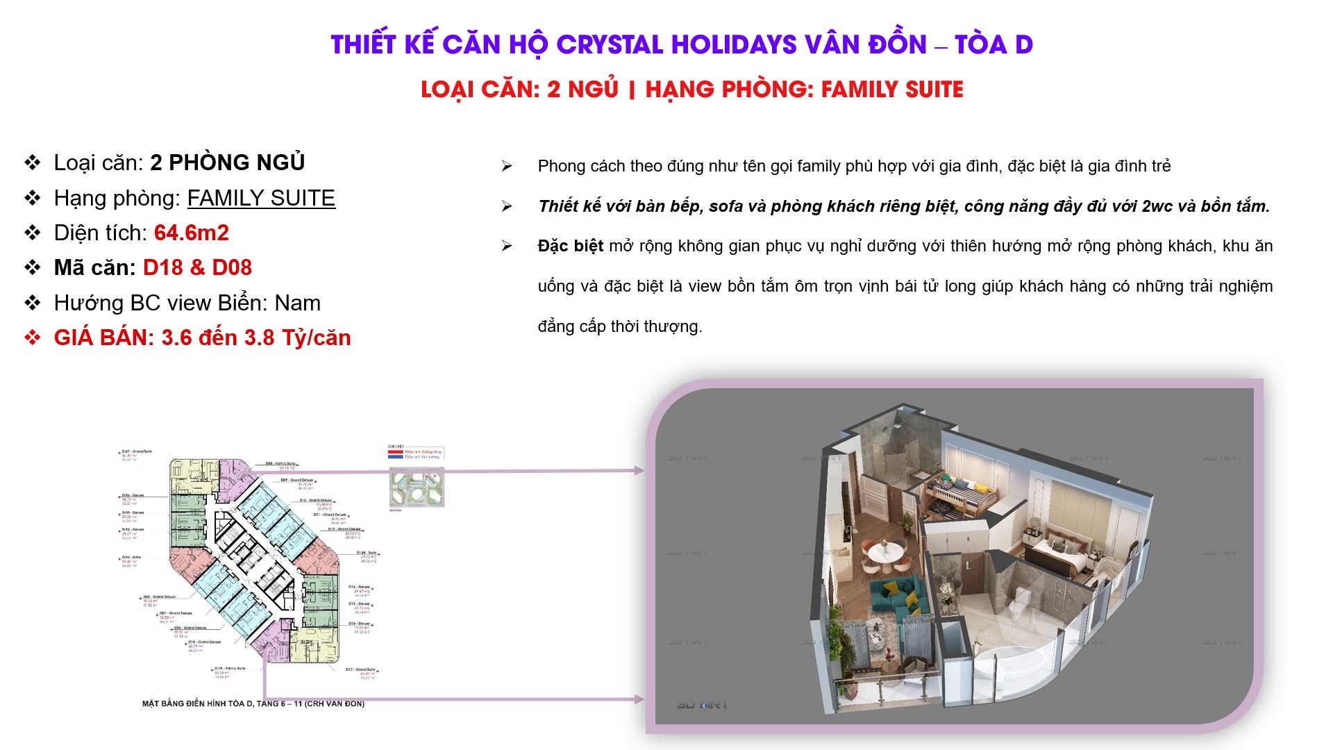 Thiết kế căn hộ Toà D Crystal Vân Đồn loại căn 2 NGỦ . Hạng căn: Family Suite