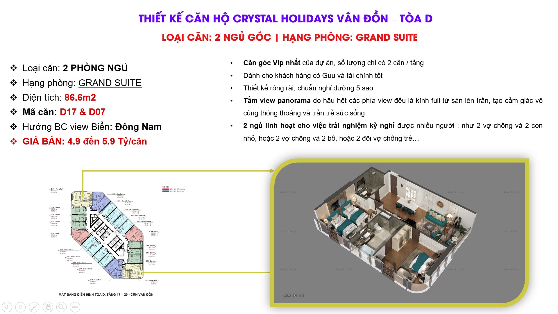 Thiết kế căn hộ Toà D Crystal Vân Đồn loại căn 2 NGỦ góc . Hạng căn: Grand Suite