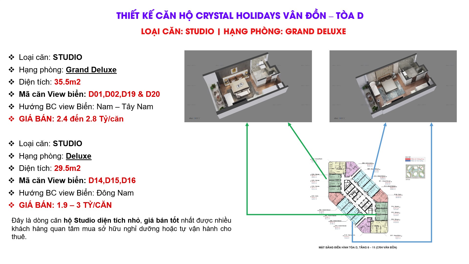 Thiết kế căn hộ Toà D Crystal Vân Đồn loại căn Studio. Hạng căn Deluxe và Grand Deluxe