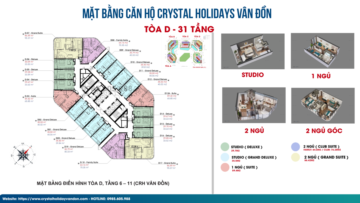 Mặt bằng căn hộ toà D Crystal Vân Đồn Tầng 6-11